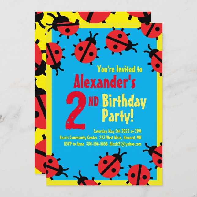 Lady Bug Animal Kid's Birthday Party Invitations (Front/Back)