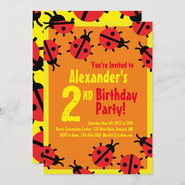 Lady Bug Animal Kid's Birthday Party Invitations (Front/Back)