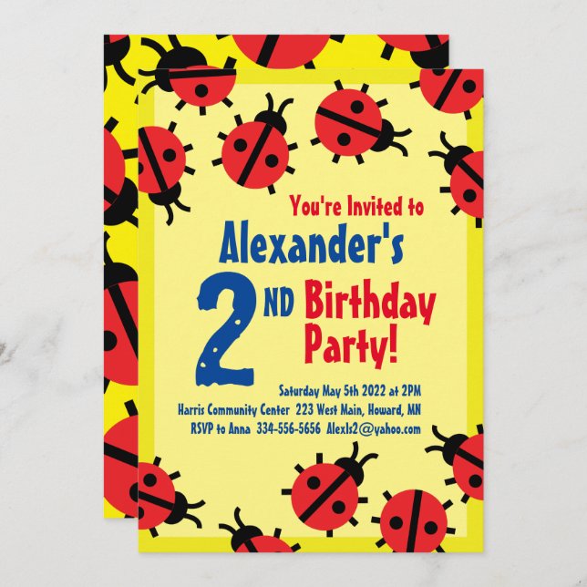 Lady Bug Animal Kid's Birthday Party Invitations (Front/Back)