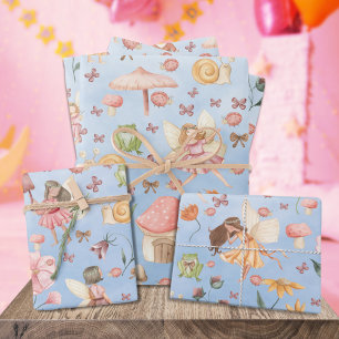 Lady Bug Butterfly Toad Gnome Fairies Garden Blue Wrapping Paper Sheet