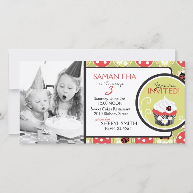 Lady Bug & Cupcake Birthday Invitation Photo Card (Front)