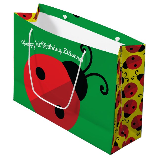 Lady Bug Cute 1st Birthday Party Large Gift Bag (Front Angled)