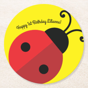 Lady Bug Cute 1st Birthday Party Round Paper Coaster