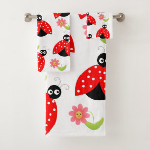 Lady Bug Floral Pink Flowers Bathroom Towel Sets