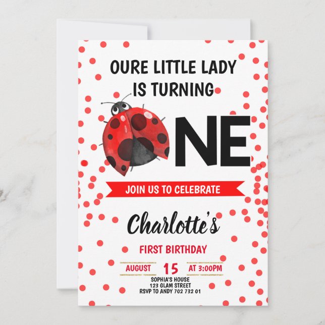 Lady Bug Girl First Birthday Red Confetti Invitation (Front)