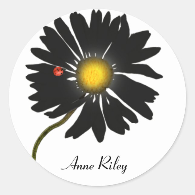 lady bug on black daisy classic round sticker (Front)