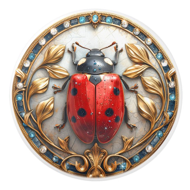 Lady Bug Precious Gems Elegant Gold Leaves  Ceramic Knob (Front)