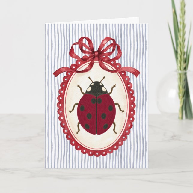 Lady Bug Red Navy Stripe Coquette Greeting Card (Front)