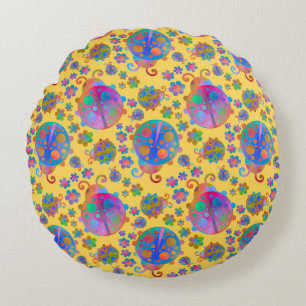 Lady Bugs Amongst the Flowers on a Midsummer Day Round Cushion