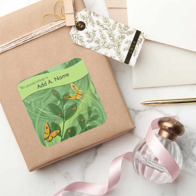 Lady Bugs and Butterflies In The Green Template Square Sticker (Gifting)