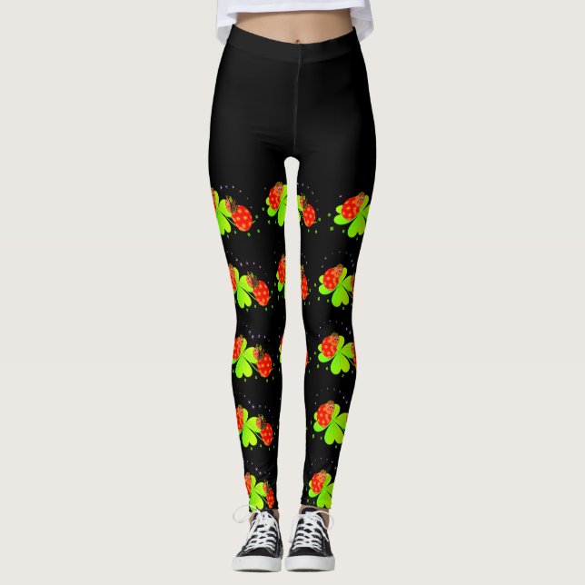 Lady Bugs on a Shamrock Pattern Black Top Leggings (Front)