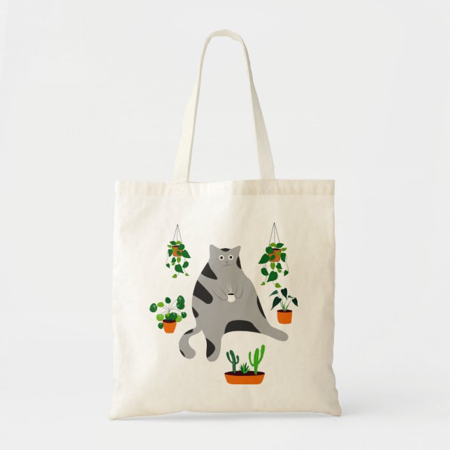 Lady Cat Drinking Coffee, Lady Cat With Plants Tote Bag (Front)