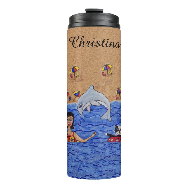 Lady Cat Swimming in Ocean Inner Tubes Dolphin Thermal Tumbler (Front)