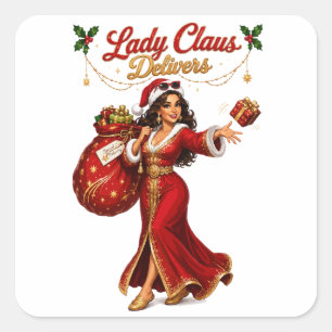 Lady Claus Delivers Christmas Gift Delivery Square Sticker