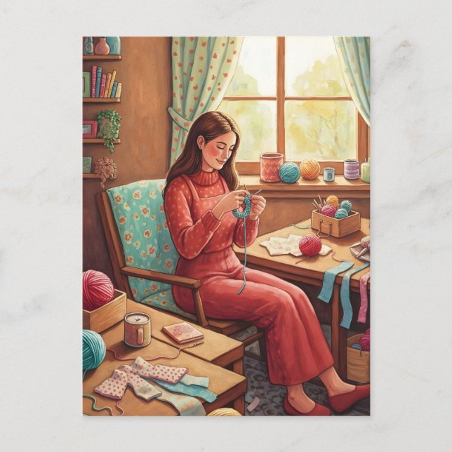 Lady Crocheting  in Her Cozy Craftting Room  Postcard (Front)