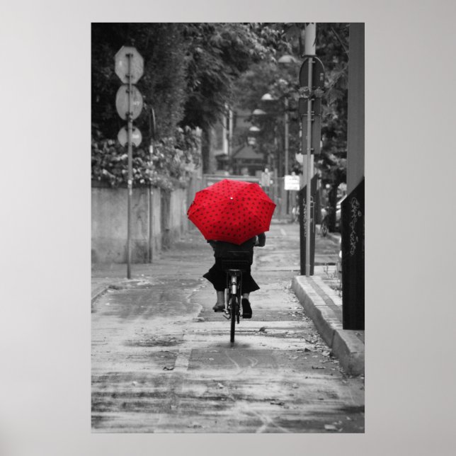 Lady Cyclist with a Red Umbrella, Florence, Italy Poster (Front)