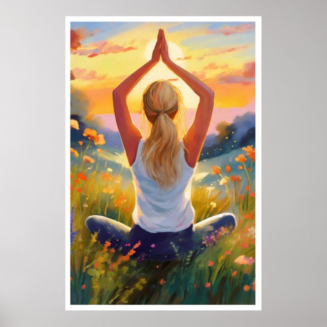 Lady doing Yoga in a field at sunset Poster (Front)
