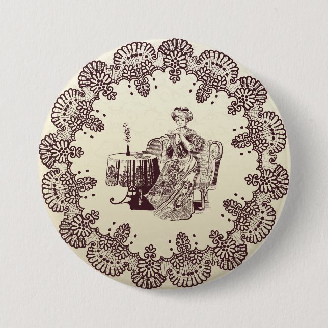 lady drinks tea 7.5 cm round badge (Front)