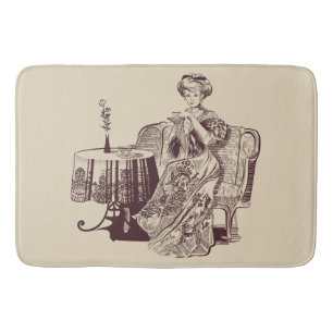 lady drinks tea bath mat