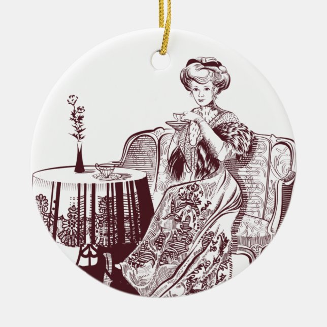 lady drinks tea ceramic tree decoration (Front)