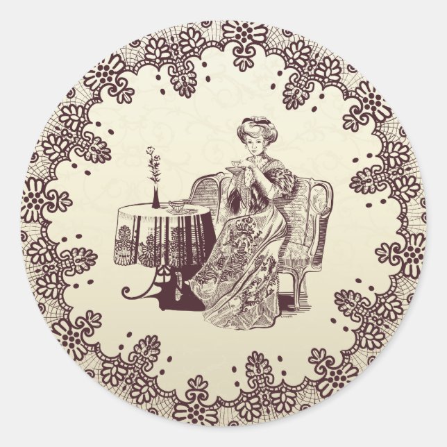 lady drinks tea classic round sticker (Front)
