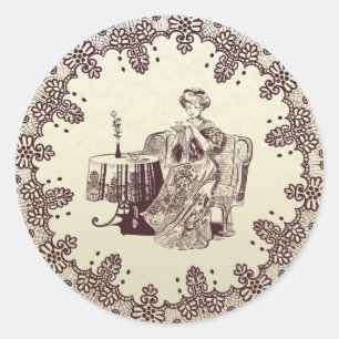 lady drinks tea classic round sticker