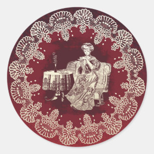 lady drinks tea classic round sticker