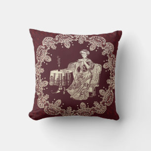 lady drinks tea cushion