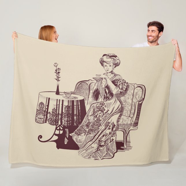 lady drinks tea fleece blanket (In Situ)