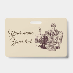 lady drinks tea ID badge