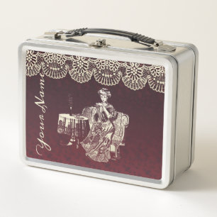 Lady drinks tea  metal lunch box