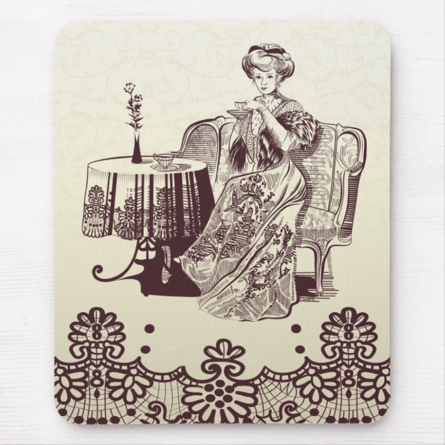 lady drinks tea mouse mat (Front)