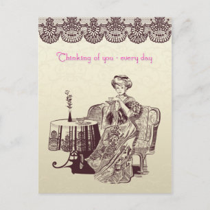 lady drinks tea postcard