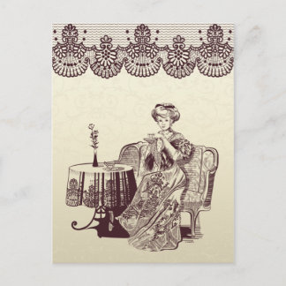 lady drinks tea postcard