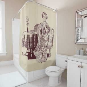 lady drinks tea shower curtain