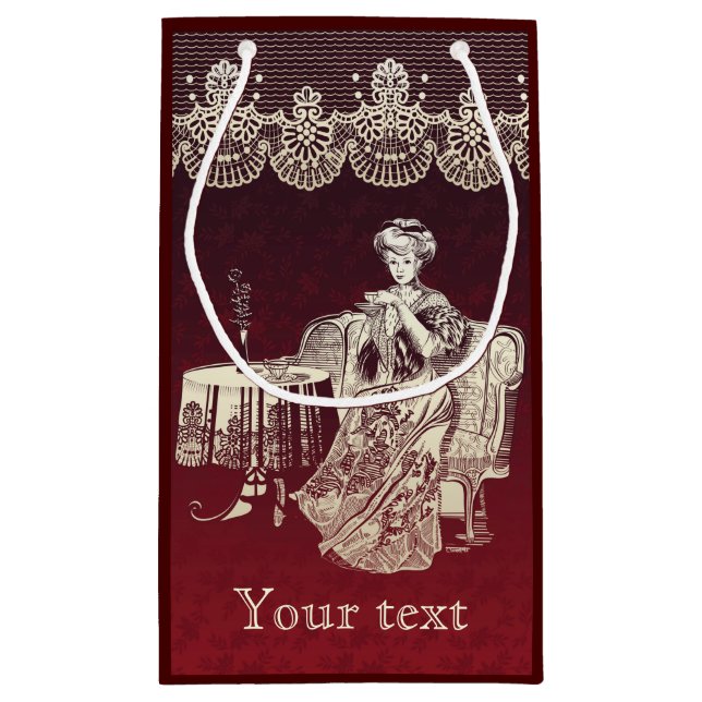 lady drinks tea small gift bag (Back)