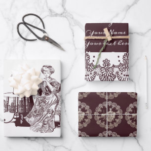 Lady drinks tea Wrapping Paper Flat Sheet Set of 3