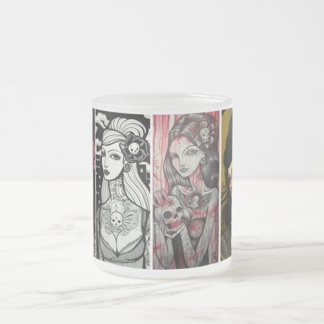 lady faces frosted glass coffee mug (Center)