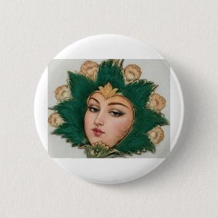 Lady Flower Emerald & Gold Persian Carpet Art 6 Cm Round Badge