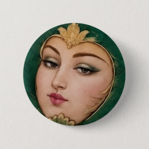 Lady Flower Emerald & Gold   Persian Carpet Art 6 Cm Round Badge
