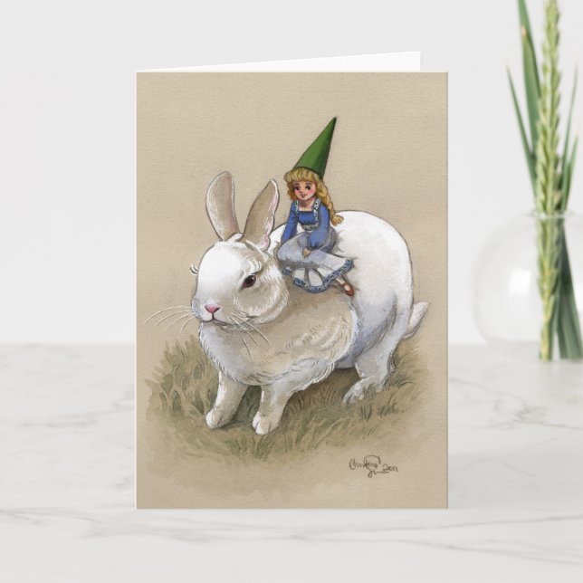 Lady Gnome and Rabbit Holiday Card (Front)