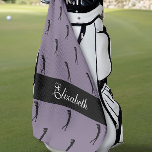 Lady Golfer Customised Name Pattern Purple Black Golf Towel