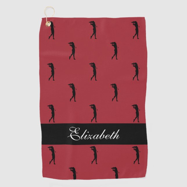 Lady Golfer Customised Name Pattern Red Black Golf Towel (Front)
