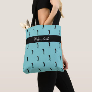 Lady Golfer Customised Name Pattern Teal Black Tote Bag