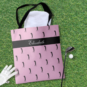 Lady Golfer Customized Name Pattern Pink Black Tote Bag