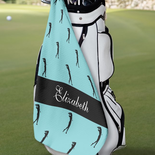 Lady Golfer Customized Name Pattern Teal Black Golf Towel (Creator Uploaded)