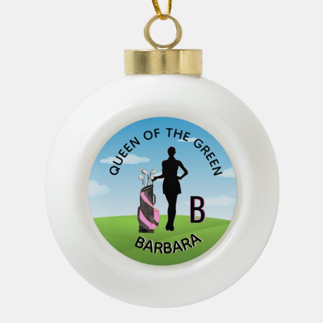 Lady Golfer Golf Course Custom Name 3-D Monogram Ceramic Ball Christmas Ornament (Front)