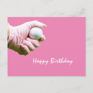 Lady golfer hold golf ball with pink glove on pink postcard