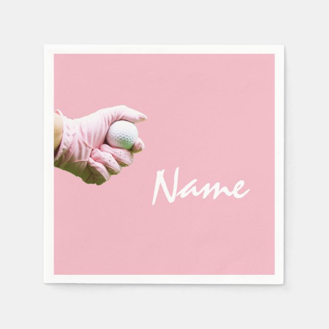 Lady golfer is holding golf ball on pink Golf Napkin (Front)