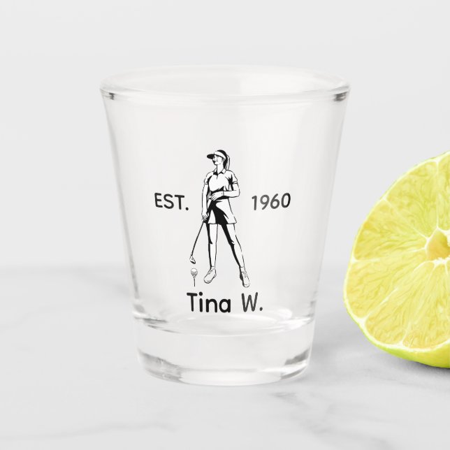 Lady Golfer Personalised name and year Whiskey Shot Glass (Front)